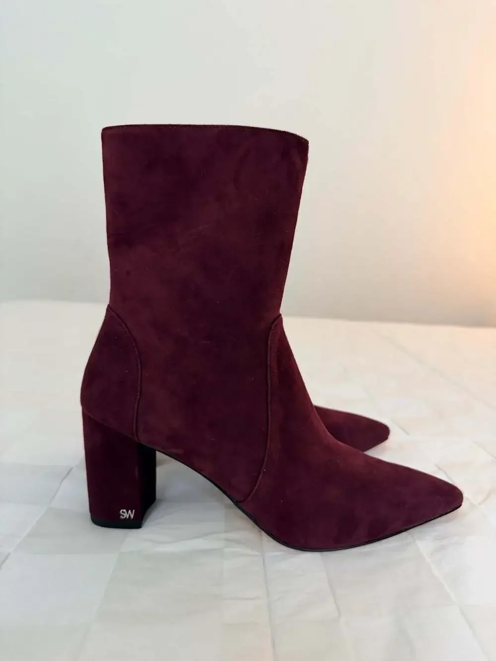 Stuart Weitzman Renegade 75 Cabernet Suede Block Heel Ankle Booties Size 8.5